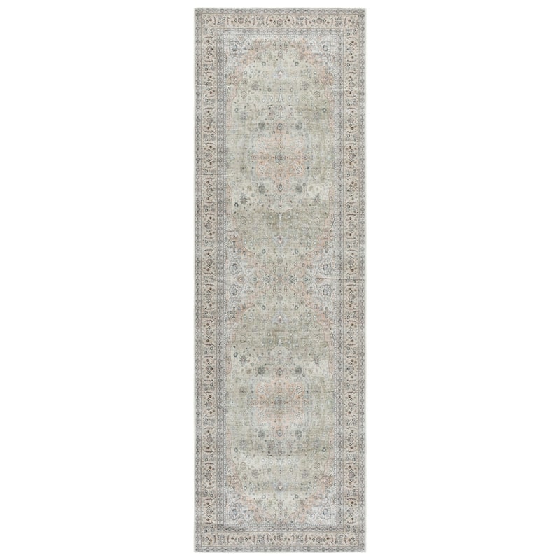 SAFAVIEH Arizona Polyxeni Machine Washable & Slip Resistant Rug - 2'6" x 8' Runner - Light Green/Beige
