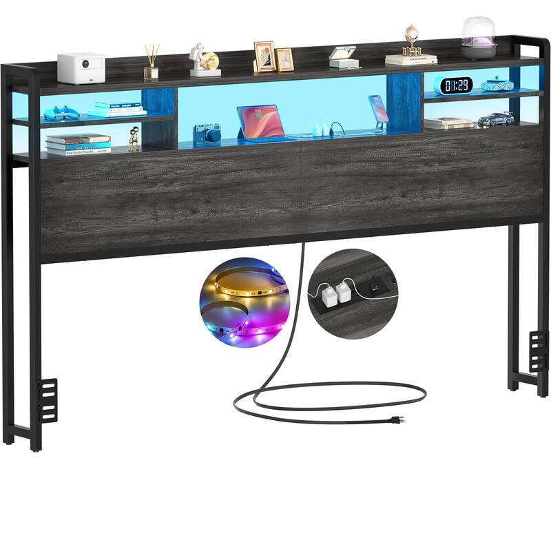 Storage Headboard with USB Port and Power Outlet, Head Board with LED Light for Bed Frame