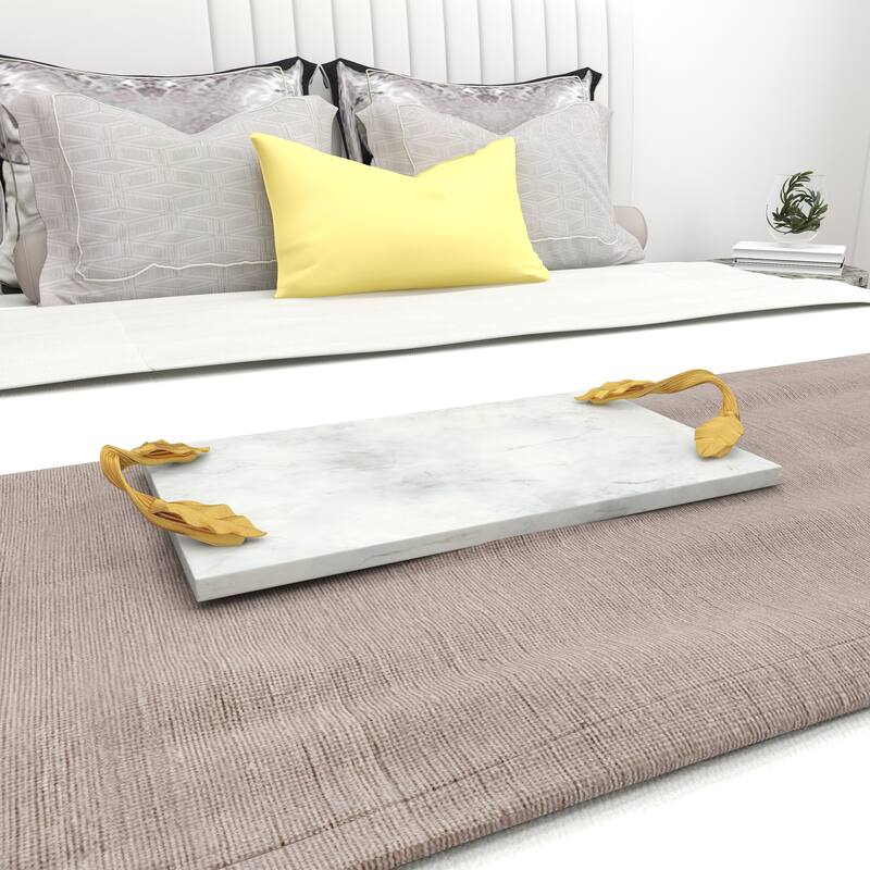 White Marble Oval or Rectangular Tray with Gold Twisted Leaf Handles