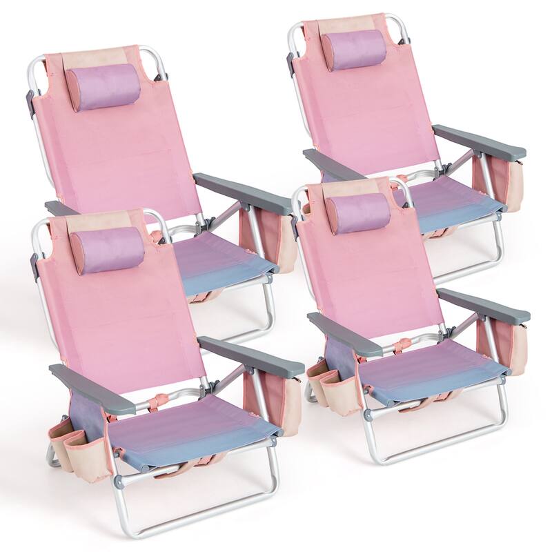 Set of 4 Backpack Beach Chair 5-Position Lay Flat Beach Chairs - Pink