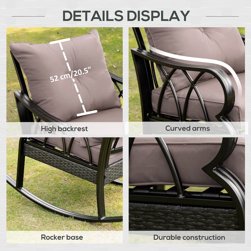 Outsunny 2 Piece Outdoor Wicker Rocking Chairs with Padded Cushions, Aluminum Furniture Rattan Porch Rocker Chairs w/ Armrest