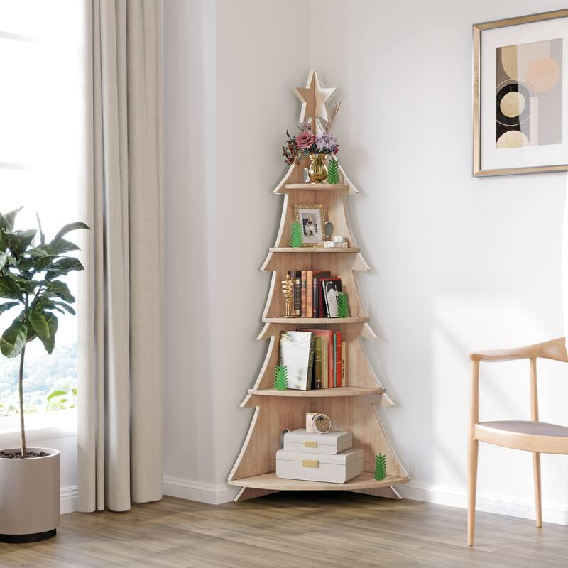Bookshelf 5-Tier Corner Bookshelf, Solid Wood Bookcase - 71.1"