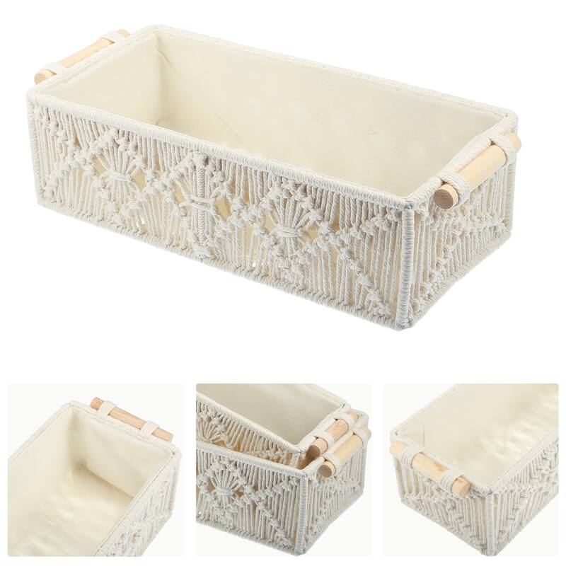 1 Set Woven Baskets Decor Box Macrame Storage Baskets for Home Wood Cotton
