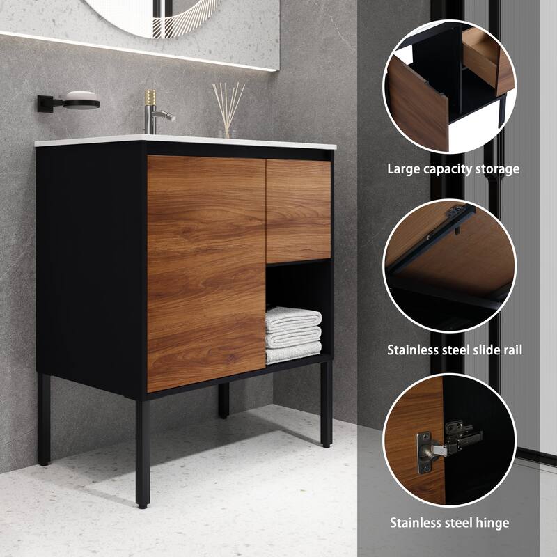 Dual-Purpose Bathroom Vanity with High-Quality Plywood Base, Gel Basin, and Soft-Close Drawers - 29.8in L