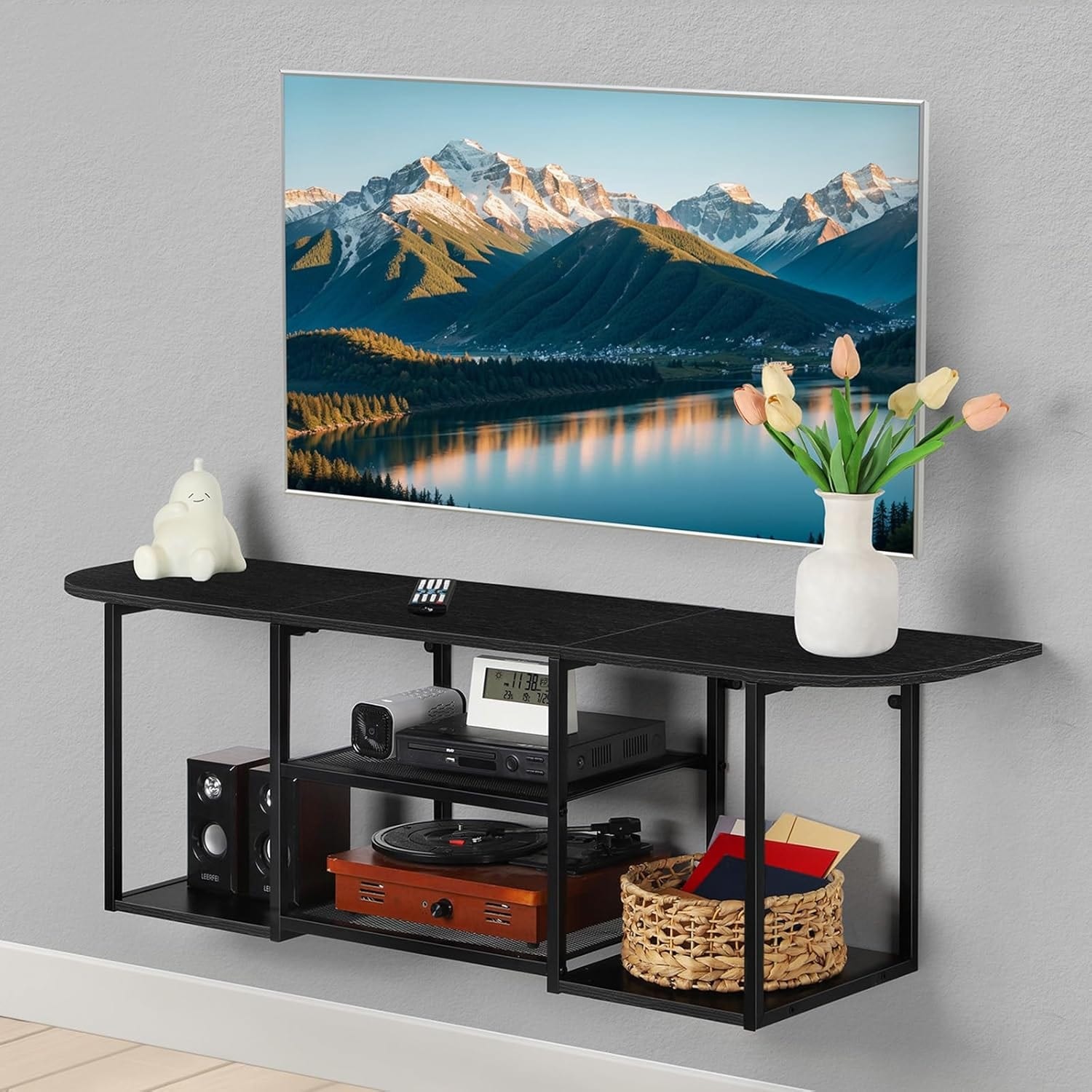 TV Stand Shelf Wall Mounted Entertainment Console with Storage for Living Room Bedroom Office, Black