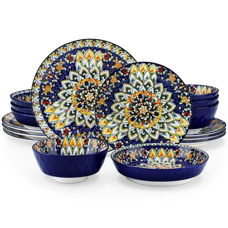 vancasso SIMI 16-piece Bohemian Porcelain Pattern Dinnerware Set - Dark Blue - 16 Piece