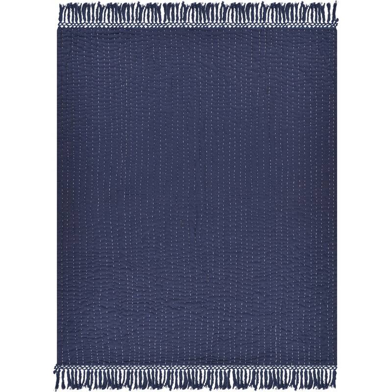 60" X 50" Blue Kantha Cotton Throw Blanket with Embroidery