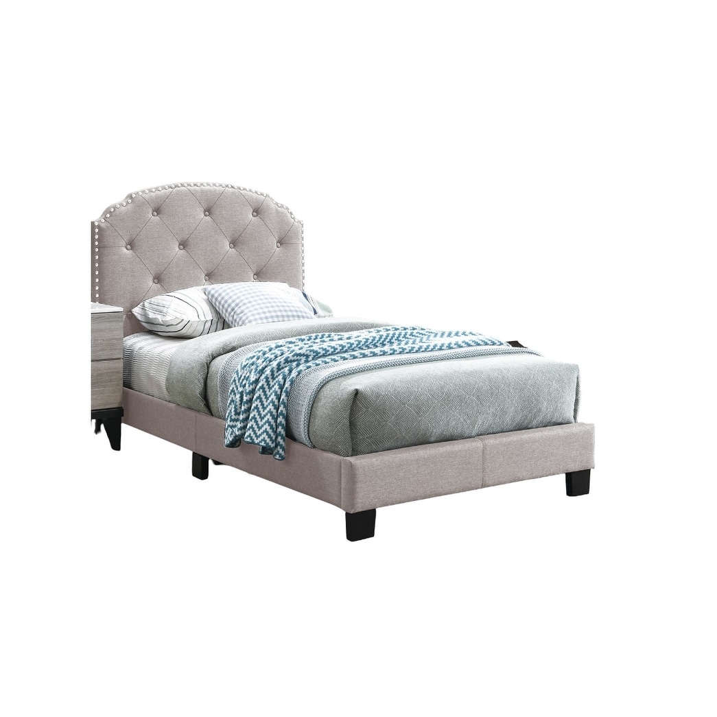 Twin Size Tufted Headboard Bed Middle Support Legs Burlap Fabric European Style