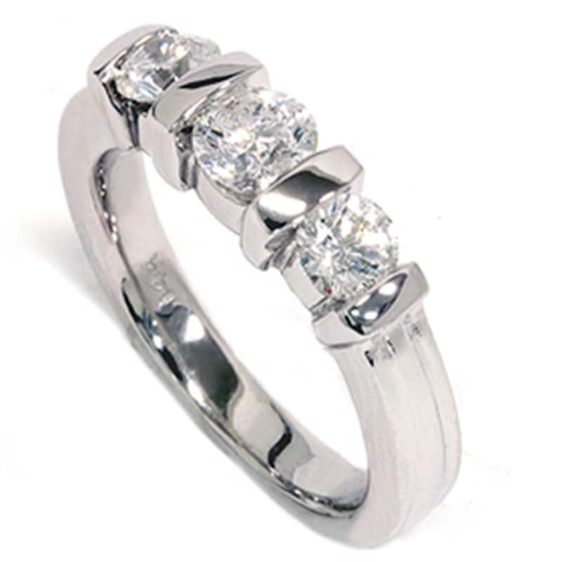 1 Cttw 3-Stone Natural Diamond Engagement Ring Bar Set White Gold Band