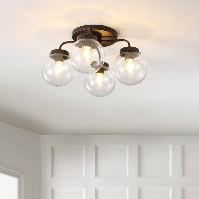 Julian 18" 4-Light Farmhouse Rustic Iron/Glass LED Semi Flush Mount, Oil Rubbed Bronze/Clear by JONATHAN Y - 4 Light