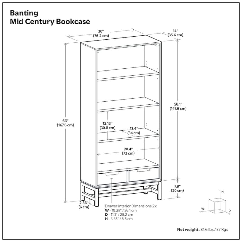 WYNDENHALL Devlin SOLID HARDWOOD and Metal 66x30 inch Rectangle Industrial Bookcase - 30"w x 14"d x 66" h