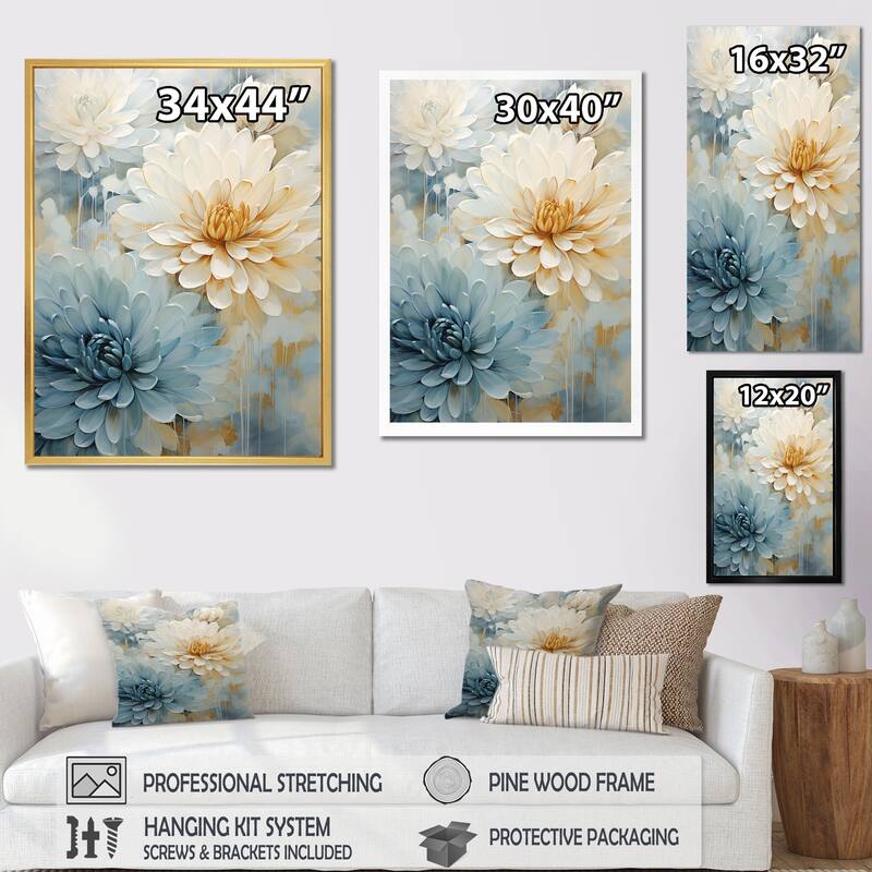 Designart "Blooming Mums Painting In Beige And Blue II" Mums Wall Art