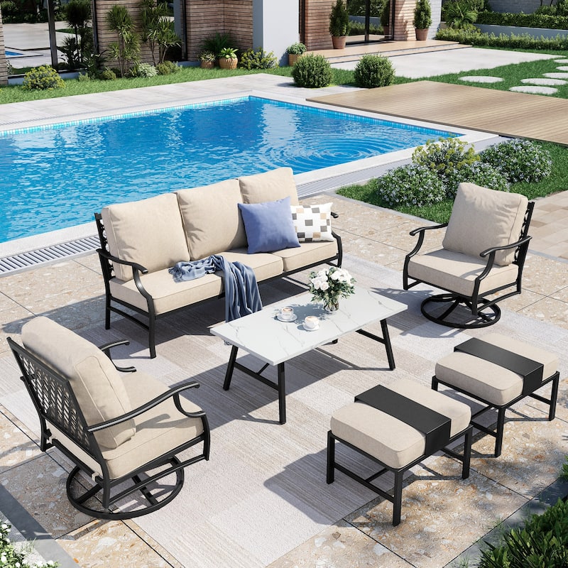 MAISON ARTS Patio Conversation Sets 5/7/9-Seat, Sofa Set with 2 Single Sofa Chairs, 3-Seater Sofa, Ottoman and Coffee Table - 6-Piece - Set 2-Swivel Chairs with Ottoman