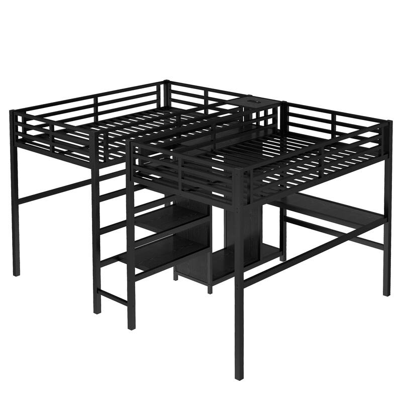 Twin-over-Twin Metal Loft Bed with Double Desks, Wardrobe and Electrical Outlets