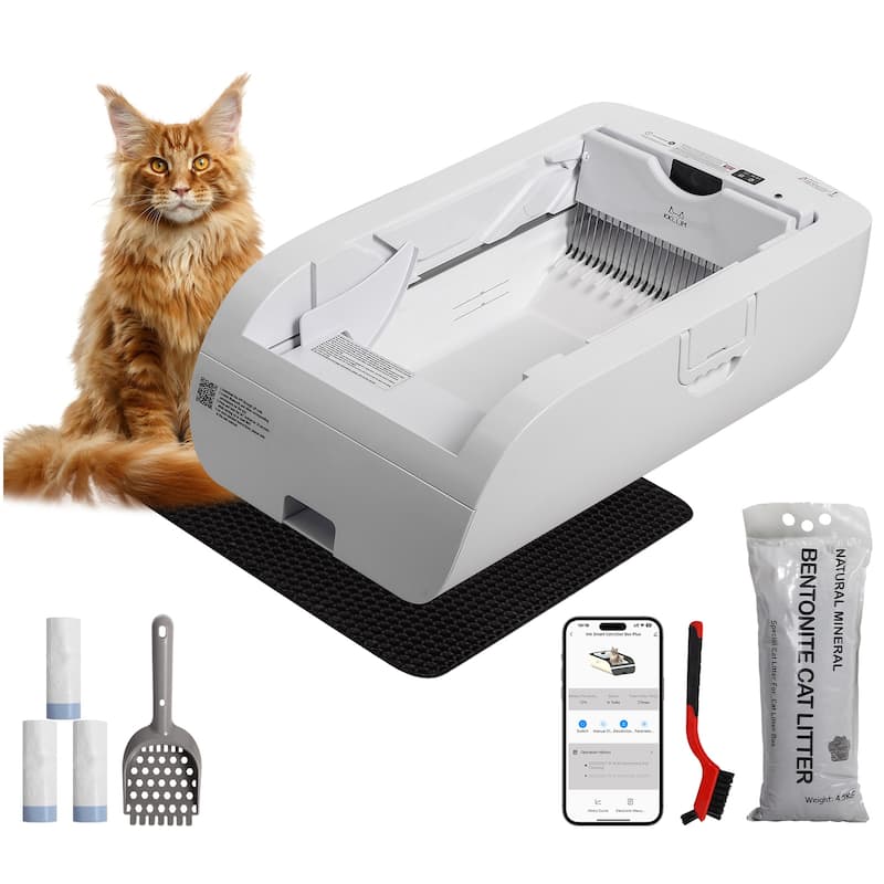 Anmytek Automatic Self Cleaning Cat Litter Box Smart Odor Control Battery Powered - Cream White