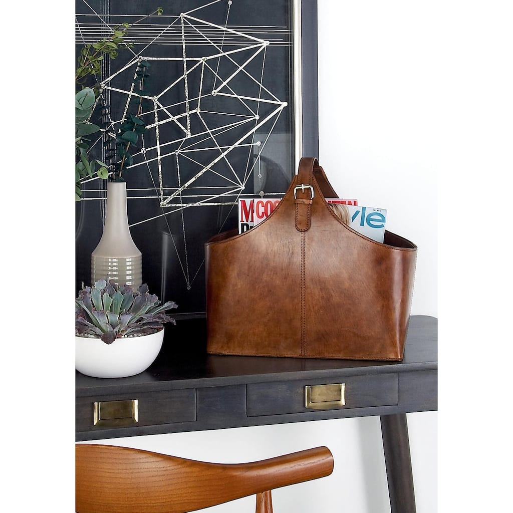 Brown, Dark Brown, Gray or Black Leather Handmade Box Style Single Slot Decorative Magazine Holder with Curved Buckle Handle