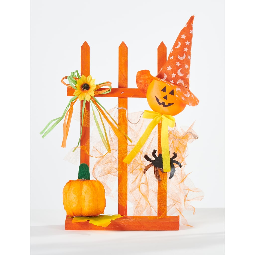 11" Tabletop Halloween Pumpkin Against a Fence, Set of 3