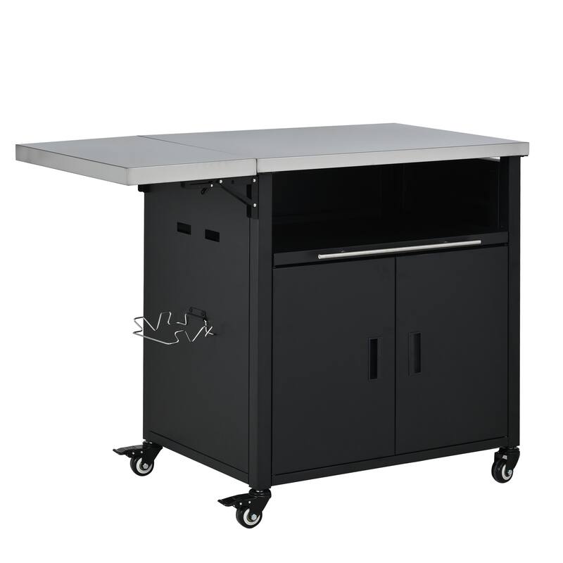 Foldable Outdoor Prep Station BBQ Cart with Trash Rack, Portable Kitchen Island Grill Cart with Foldable Top