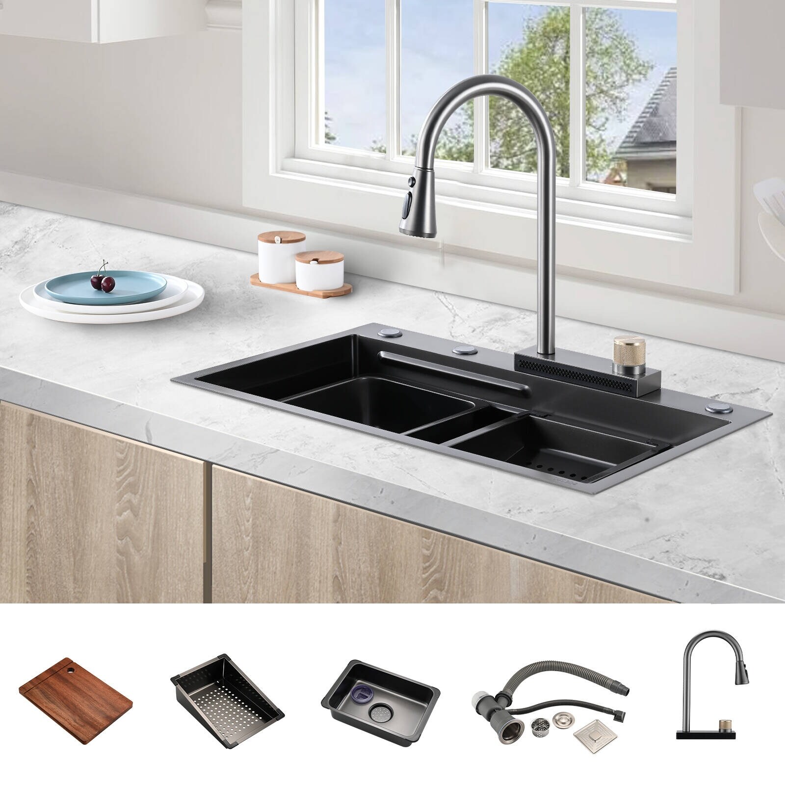 Nano Black Stainless Steel Kitchen Sink Waterfall wash Accessories Dish  Washing Pool Single Sink Bowl Household Kitchen Items
