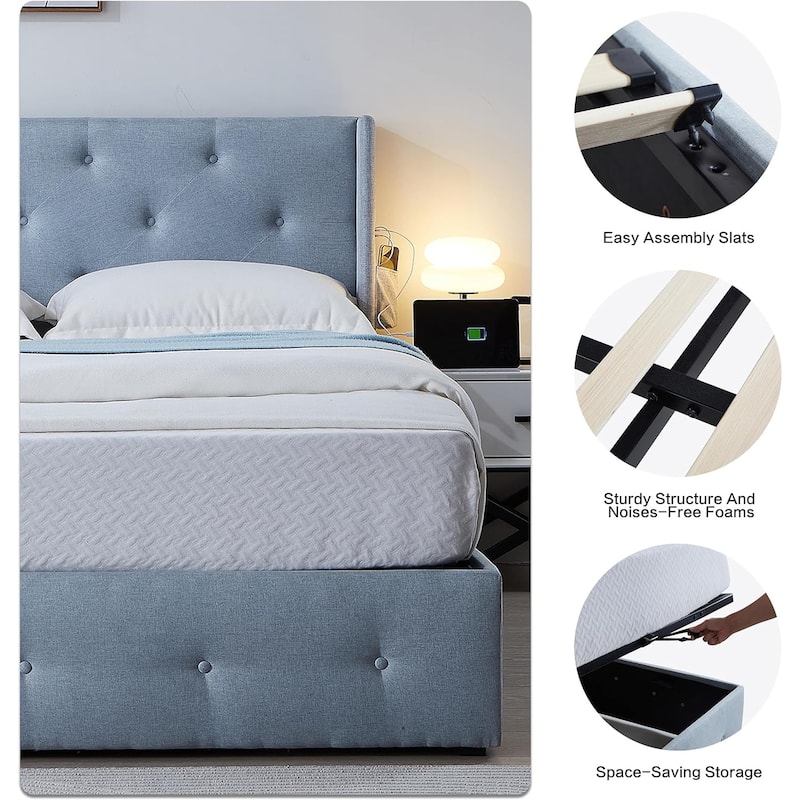 Wingback Upholstered Bed Low Profile Platform Bed Frame with USB Ports, Side Pockets and Hydraulic Lifting Storage