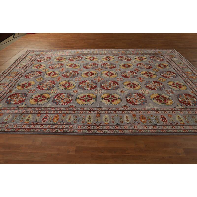 Hand Knotted Oriental 100% Wool Carpet Traditional Geometric Greys & Charcoal Kazak Area Rug - 11' 4'' X 8' 5''