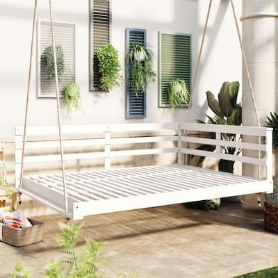 Acacia Wood Porch Swing Bed for Outdoor with Hemp Ropes - Full Size Hanging Bed, 350lbs Capacity, Open-Side Minimalist Design