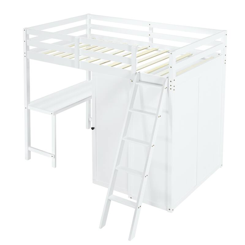 Twin/Full Size Wood Loft Bed with Built-in Desk, Wardrobe and Ladder