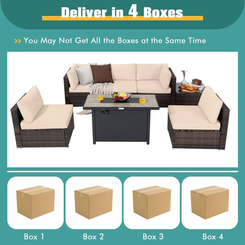 Gymax 7PCS Patio Rattan Furniture Set Fire Pit Table Cover Cushion