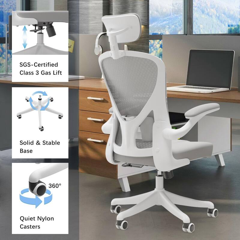 Ergonomic Home Desk Office Chair with FlipArmrest & Cushion for Lumbar