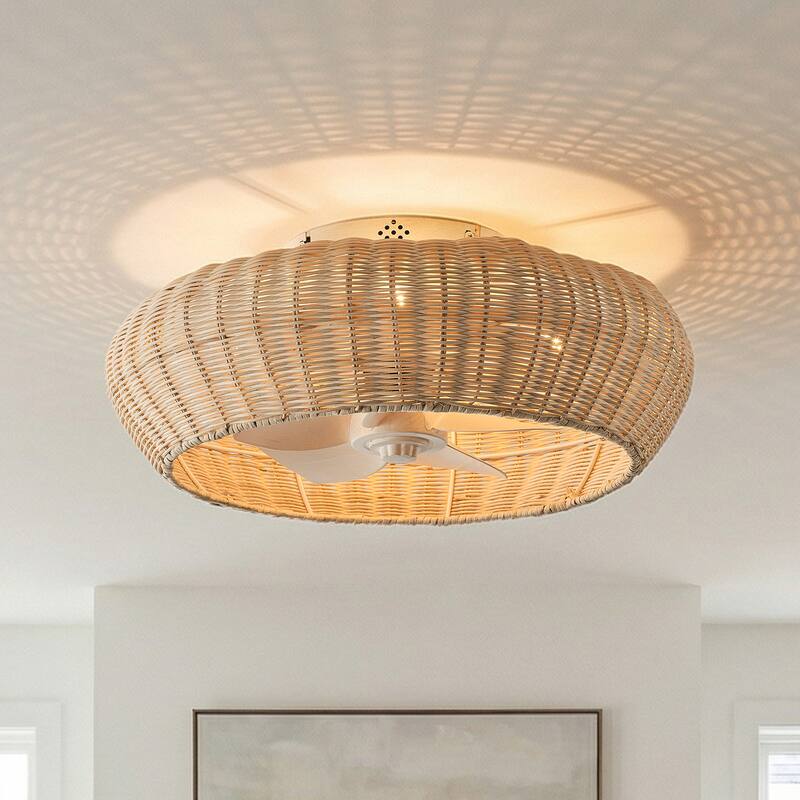 20-inch Boho Distressed White Chandelier Flush Mount Ceiling Fan with Remote and Hand-Woven Rattan Shade - 19.7" W x 7.08" H