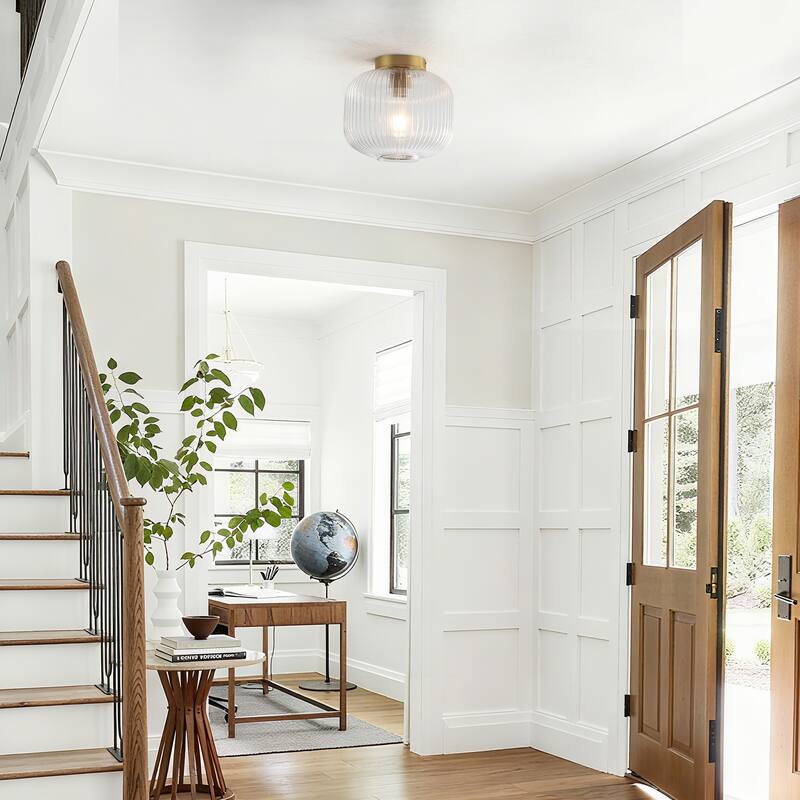 1-Light Mid-Century Modern Ribbed Glass Flush Mount Light