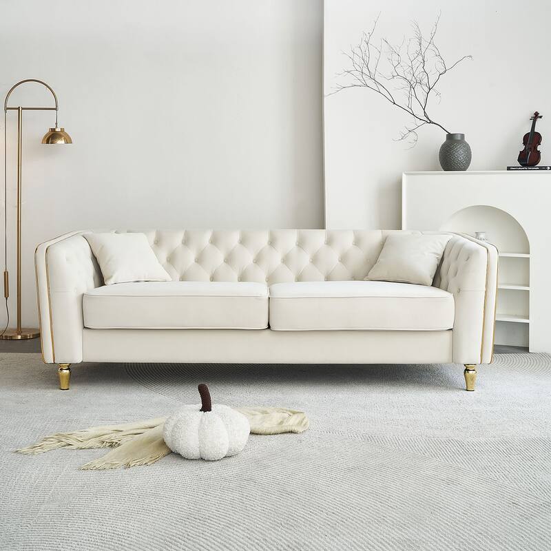 Modern Chesterfield Velvet Upholstered Sofa with Button Tufted Backrest, Golden Decorative Strip and Metal Legs - Beige