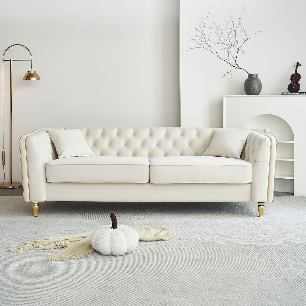 Modern Chesterfield Velvet Upholstered Sofa with Button Tufted Backrest, Golden Decorative Strip and Metal Legs