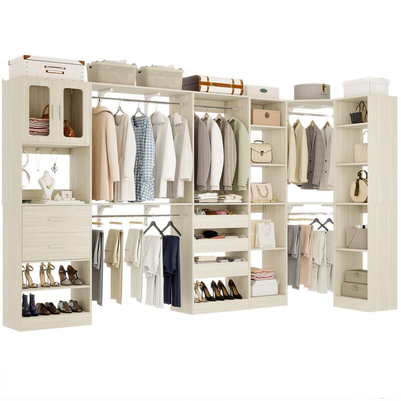 100" × 100" Closet System With Door and Wooden Drawers, Closet Organizer with 5 Hanging Rods and 20 Storage Shelves