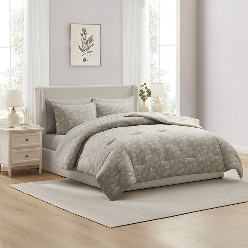 Empyrean 7 Pc Botanical Comforter Set with Sheets, Soft Breathable Lightweight Bedding Bag - Lunar Grey/Pale Champagne - Full