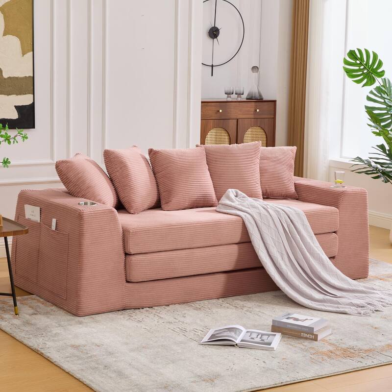 2 in 1 Convertible Sofa Bed, Sleeper Sofa with Storage Pockets, Pull Out Loveseat Couch with Two Cup Holders
