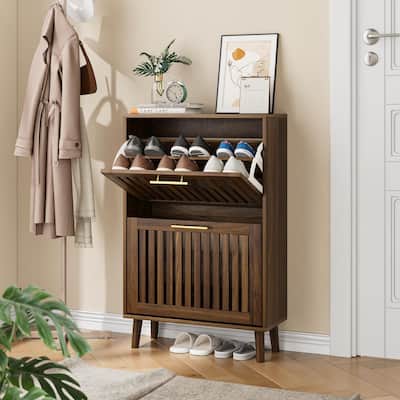 Shoe Cabinet, Shoe Storage Cabinet with Louvered 2 Flip Drawers, Freestanding Shoe Organizer Cabinet