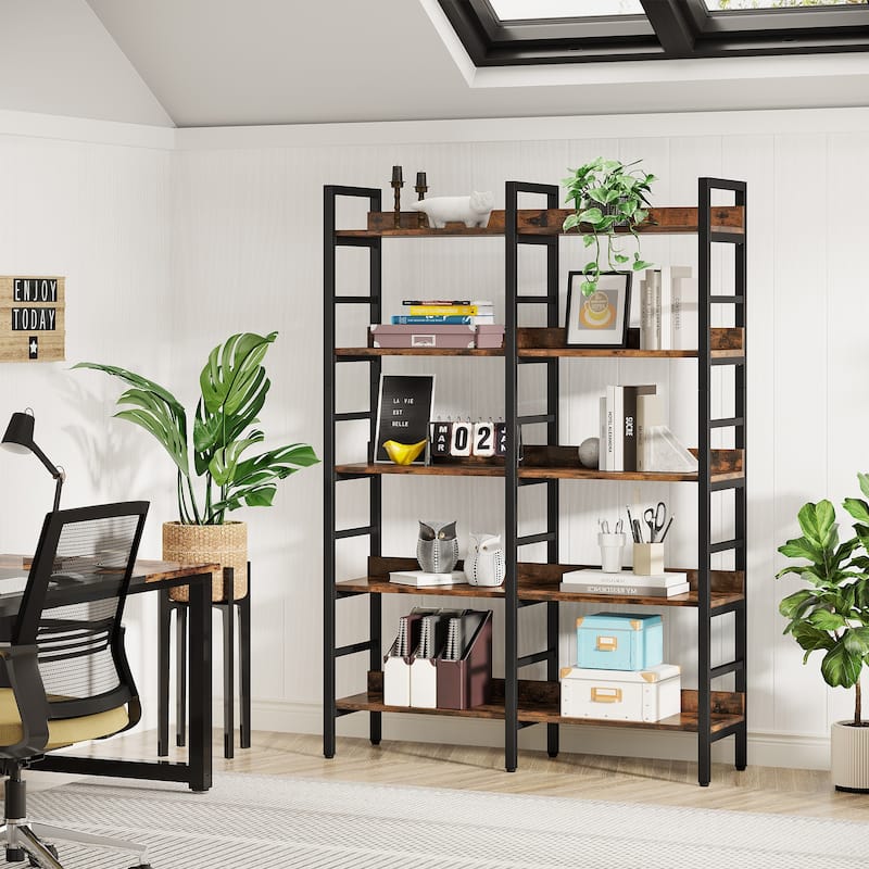5-Tier Industrial Bookshelf, 71"H x 47"W Etagere Bookcase Free Standing Wide Book Shelf, Rustic Brown