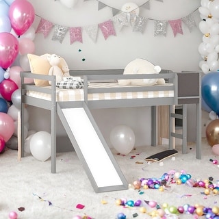 Modern Twin Size Wood Loft Bed With Convertible Ladder and Slide With Stair and Chalkboard