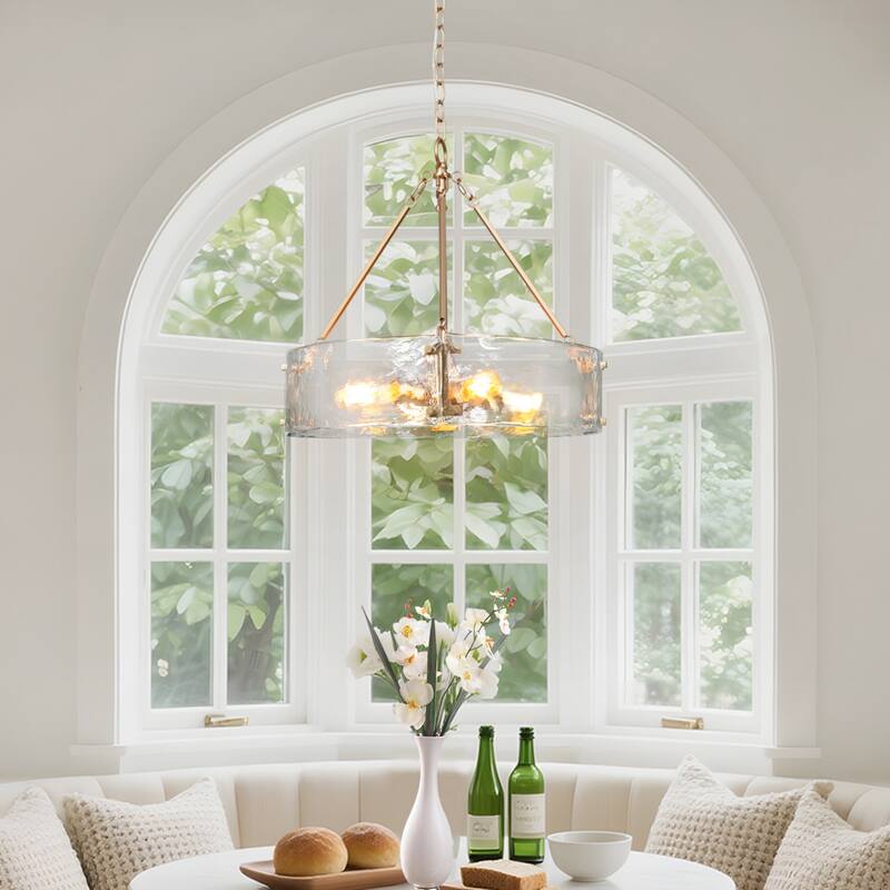 Modern Gold Glam Drum Chandelier 4-Light Textured Glass for Kitchen Island and Dining Room - D 19.5" x H 19"