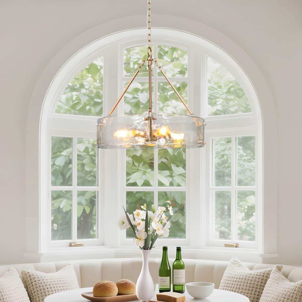 Modern Gold Glam Drum Chandelier 4-Light Textured Glass for Kitchen Island and Dining Room - D 19.5" x H 19"