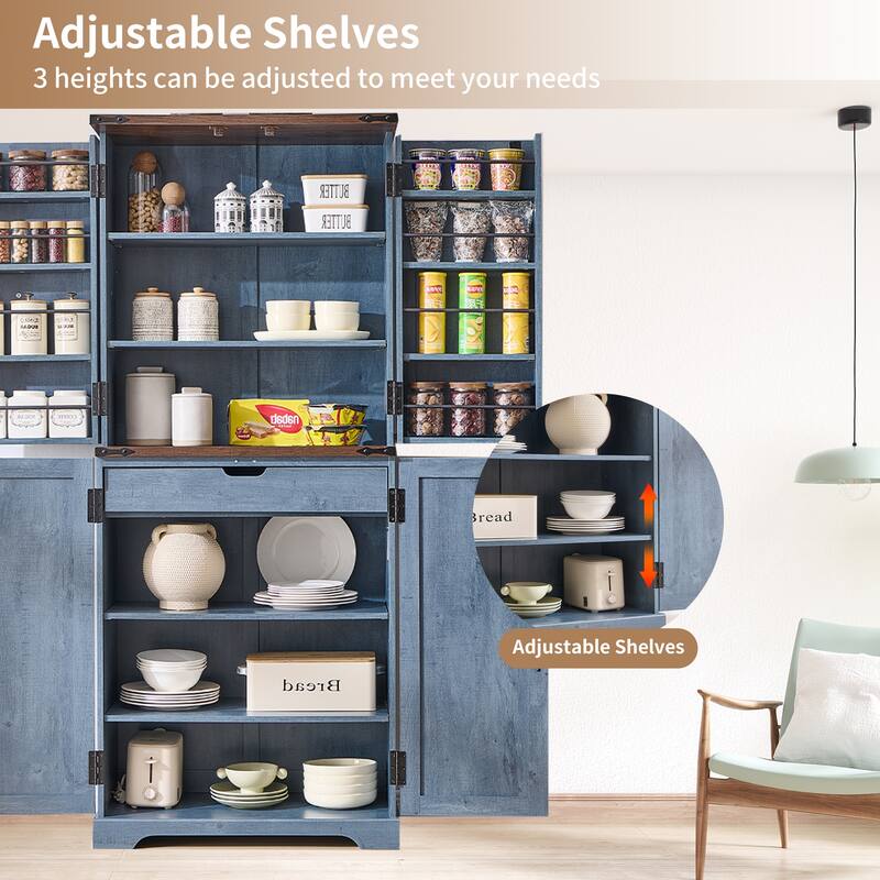 Farmhouse Wood Pantry Cabinet with Barn Doors, Adjustable Shelves