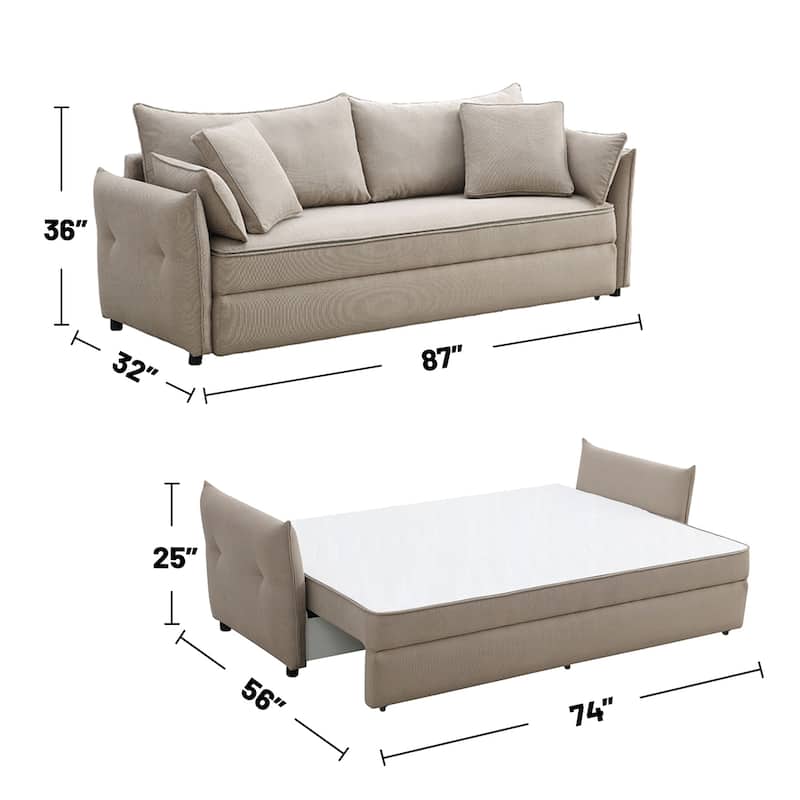Fabric and Wood Sofa with Pull-Out Sleeper Design in Beige