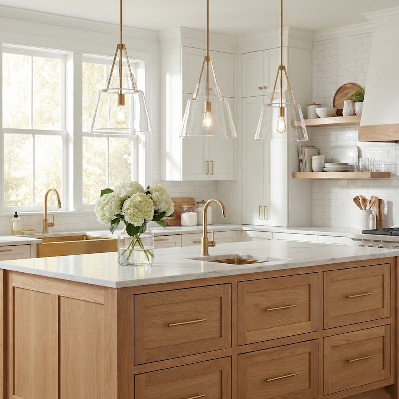 15" Contemporary Brushed Gold Tapered Glass Kitchen Island Pendant Light Adjustable Hanging Chandelier