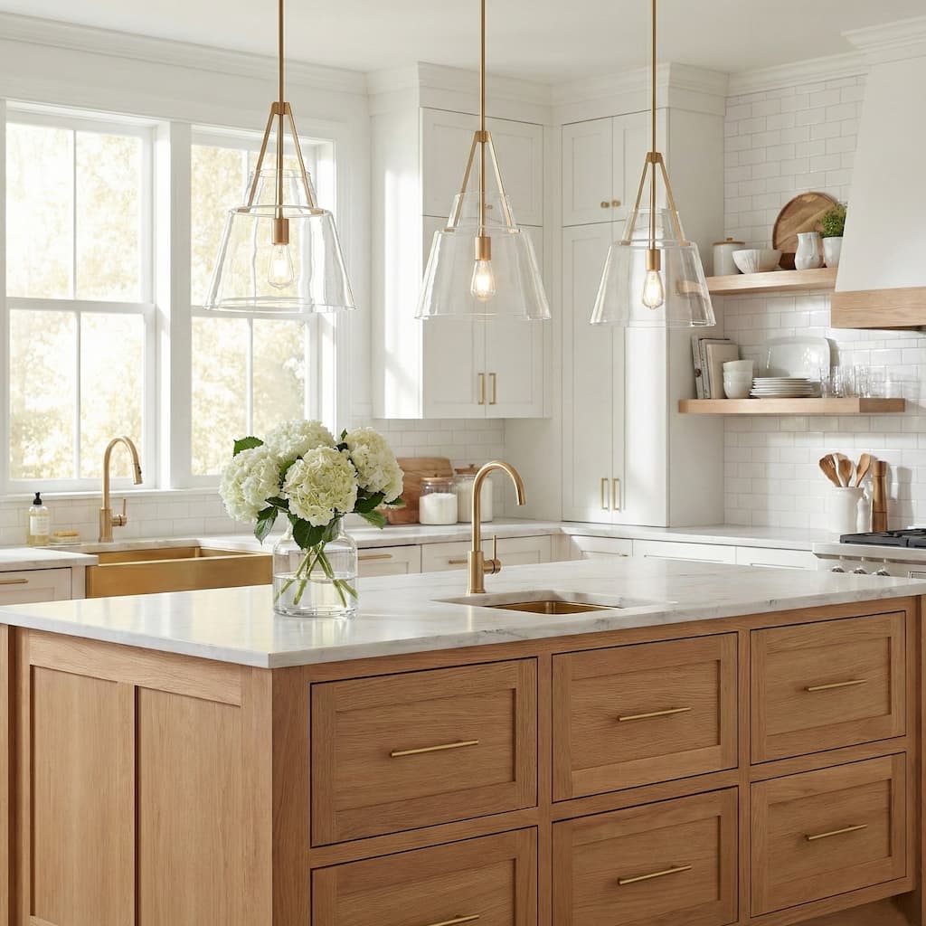 15" Contemporary Brushed Gold Tapered Glass Kitchen Island Pendant Light Adjustable Hanging Chandelier - N/A