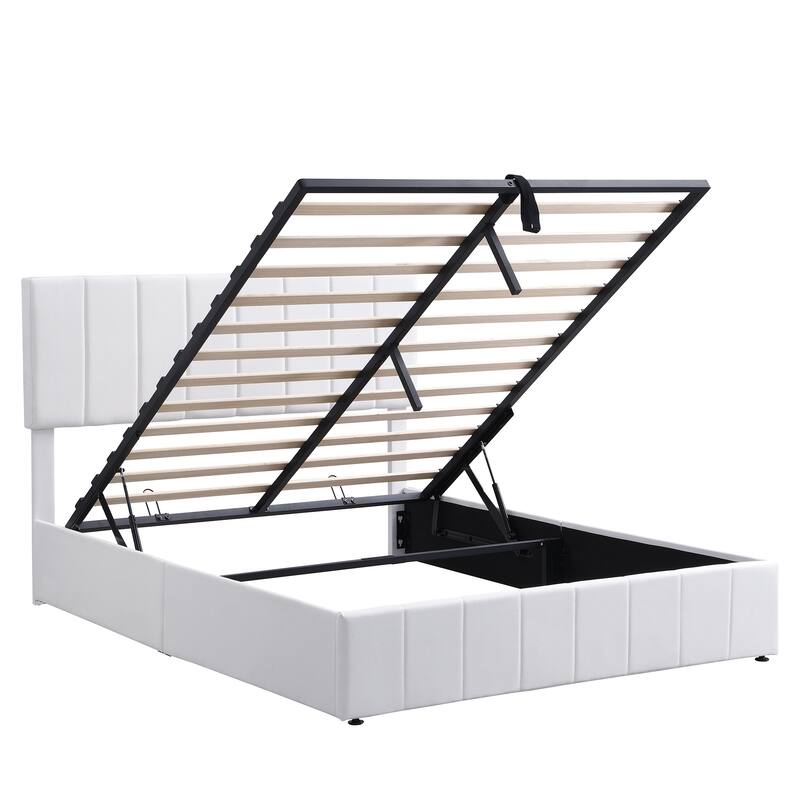 Hydraulic Lift Up Storage Bed, Linen Upholstered Platform Bed Frame with Vertical Panel Headboard, Wooden Slat Support