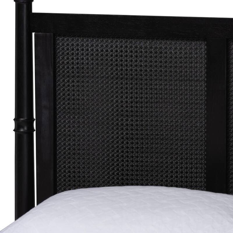 Marisela 4-Piece Black Bedroom Set - Canopy Bed with Synthetic Rattan Headboard, Matching Dresser, Chest, and Nightstand