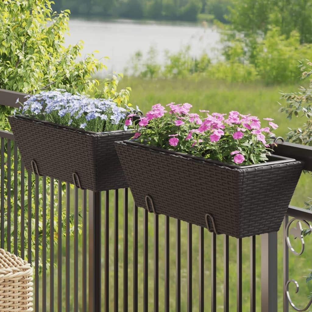 vidaXL Planter Black PE rattan Medium Hooks Planter Trapezoidal - 8.7 x 21.3 x 7.1 in