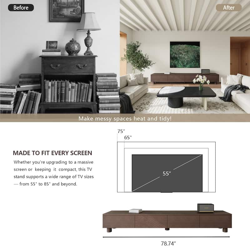 78.74 Mid Century Modern TV Stands, Dark Brown Solid Wood Media Consoler, Fully assembled