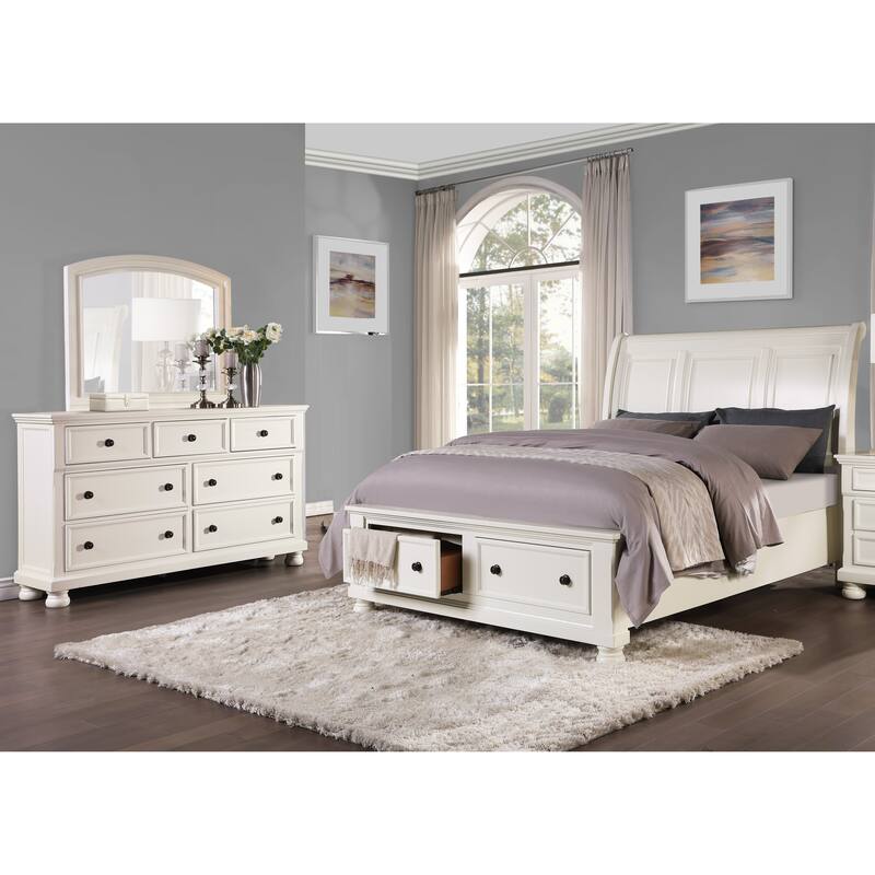 3PC Bedroom Furniture Platform Storage Bed Dresser Mirror Set White Finish